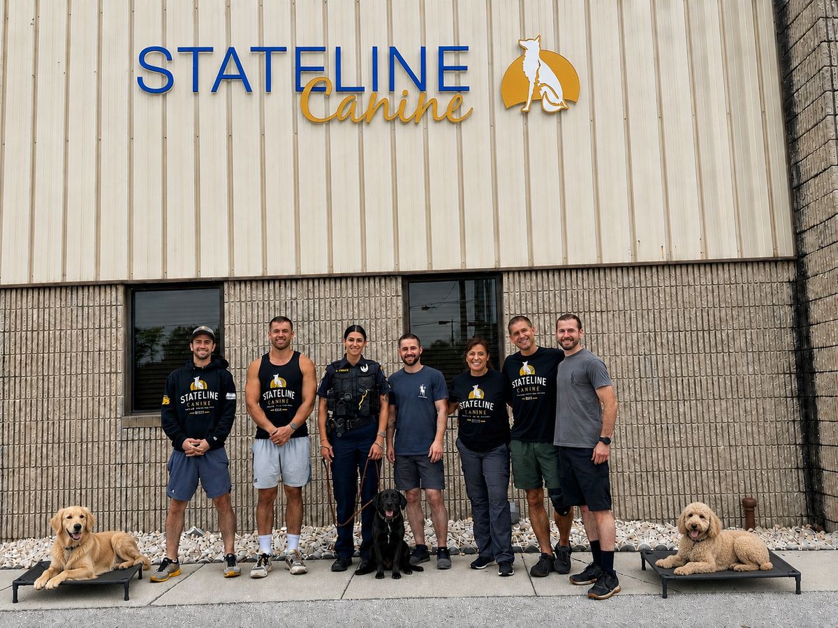 The Stateline Canine training team and their dogs outside the training academy